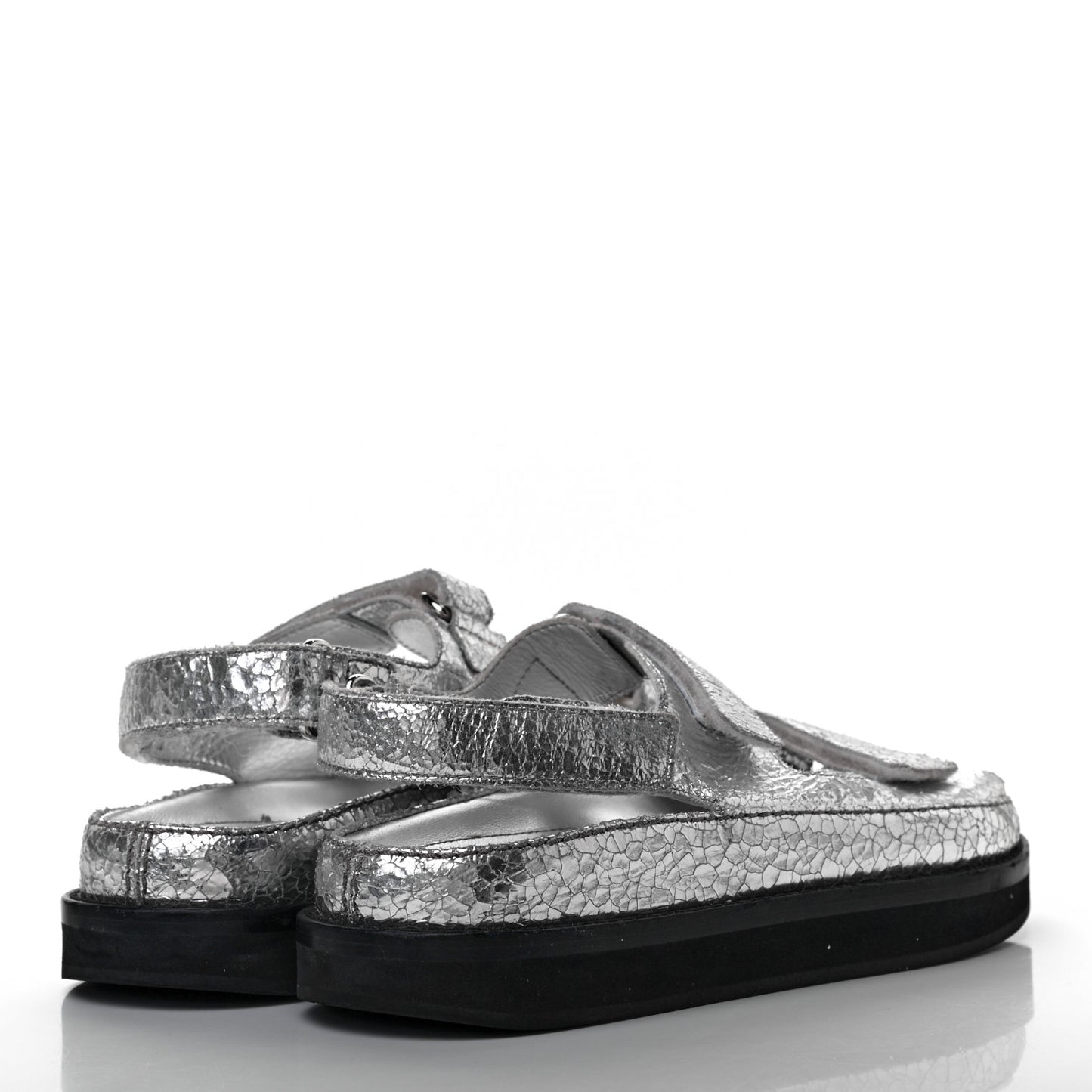 Metallic Crackled Calfskin Velcro Dad Sandals 36 Silver