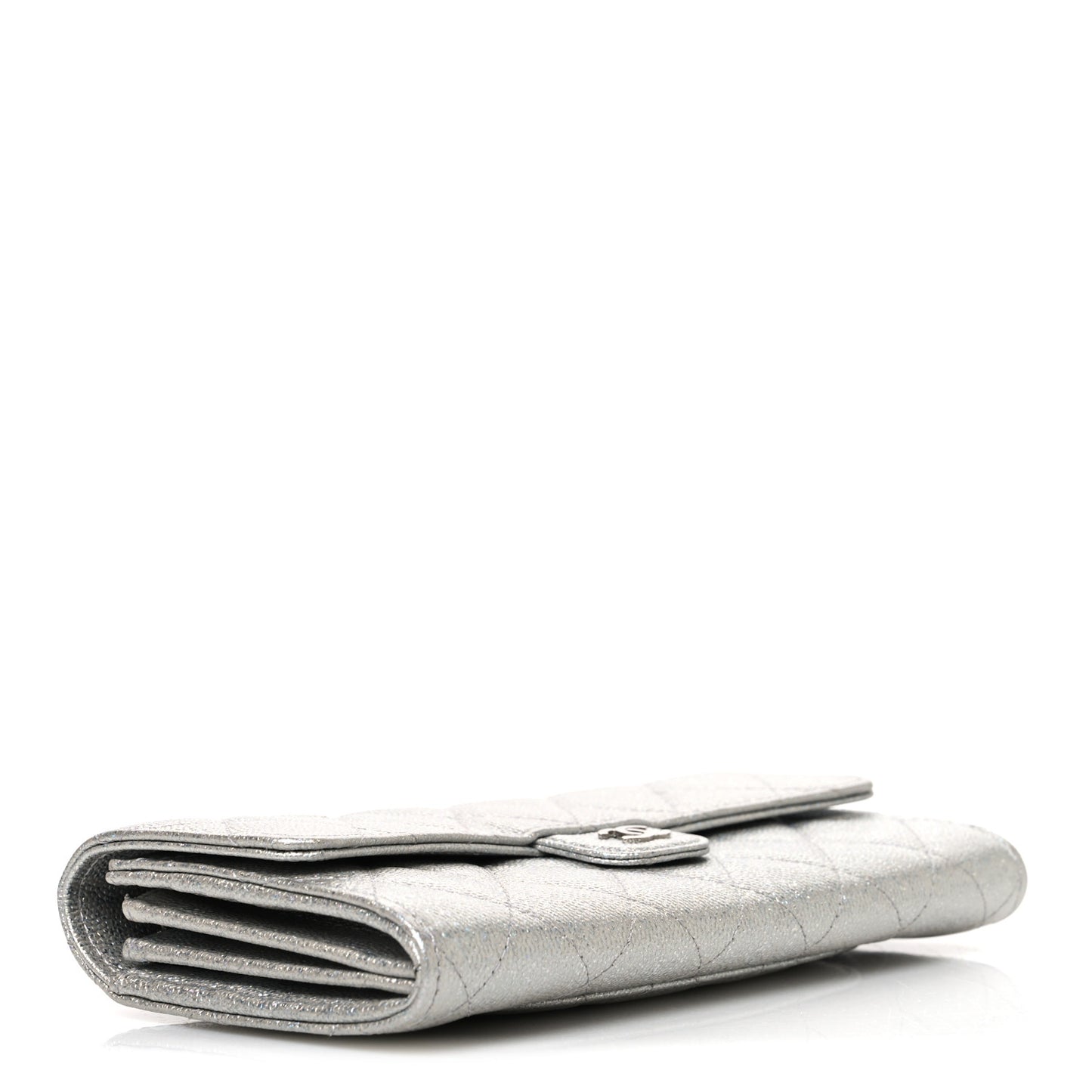 Glittered Metallic Caviar Quilted Large Flap Wallet Silver