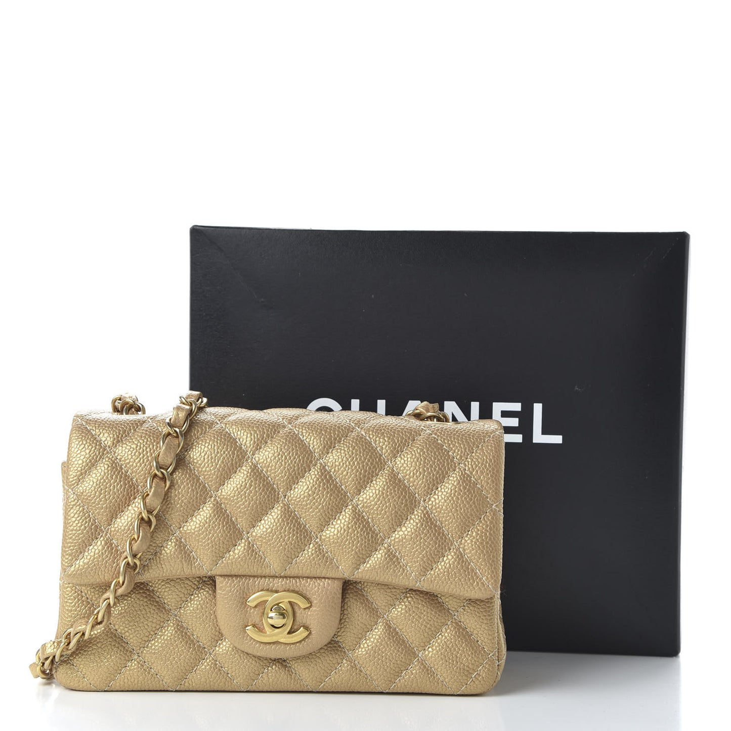 Metallic Caviar Quilted Mini Rectangular Flap Gold