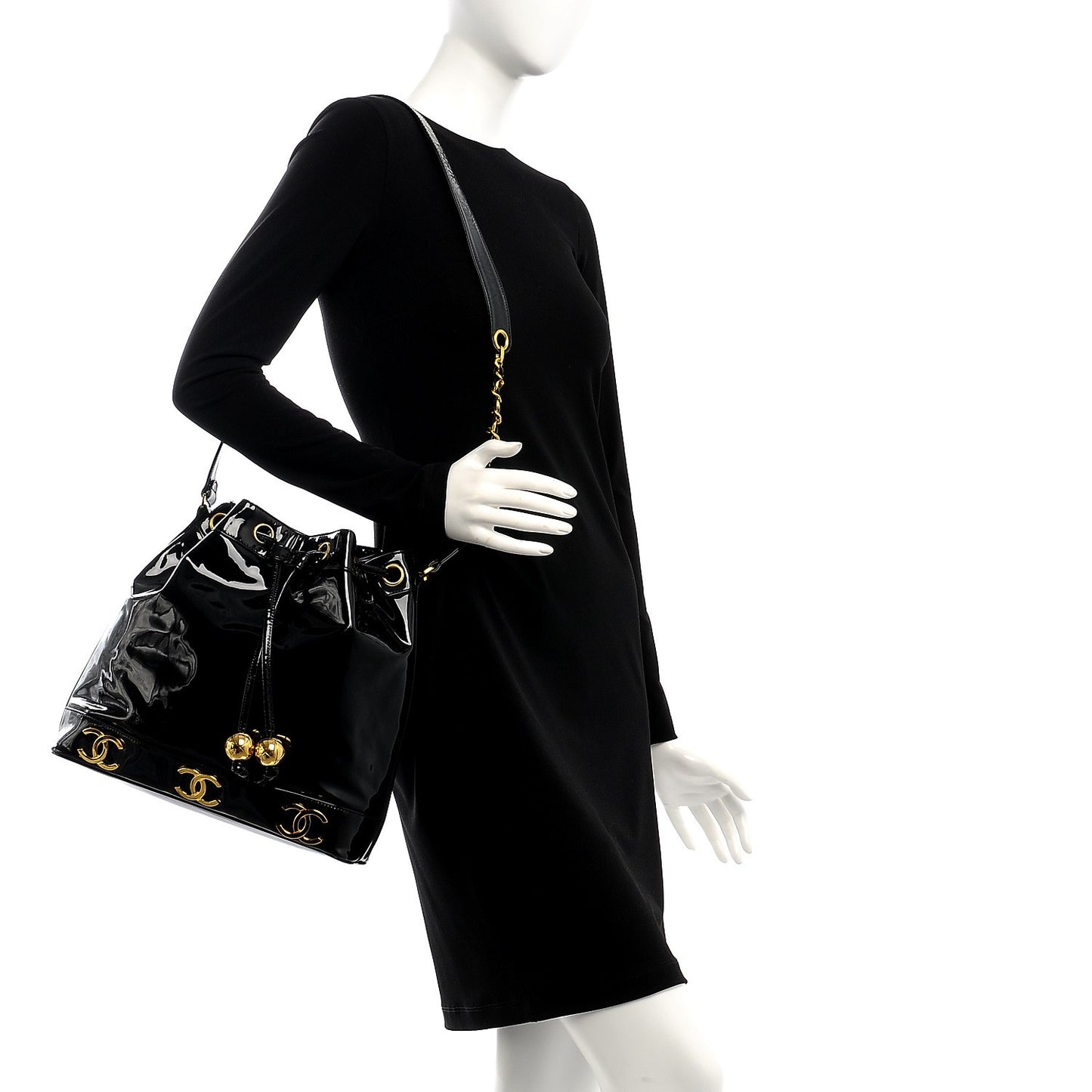 Patent CC Drawstring Shoulder Bag Black