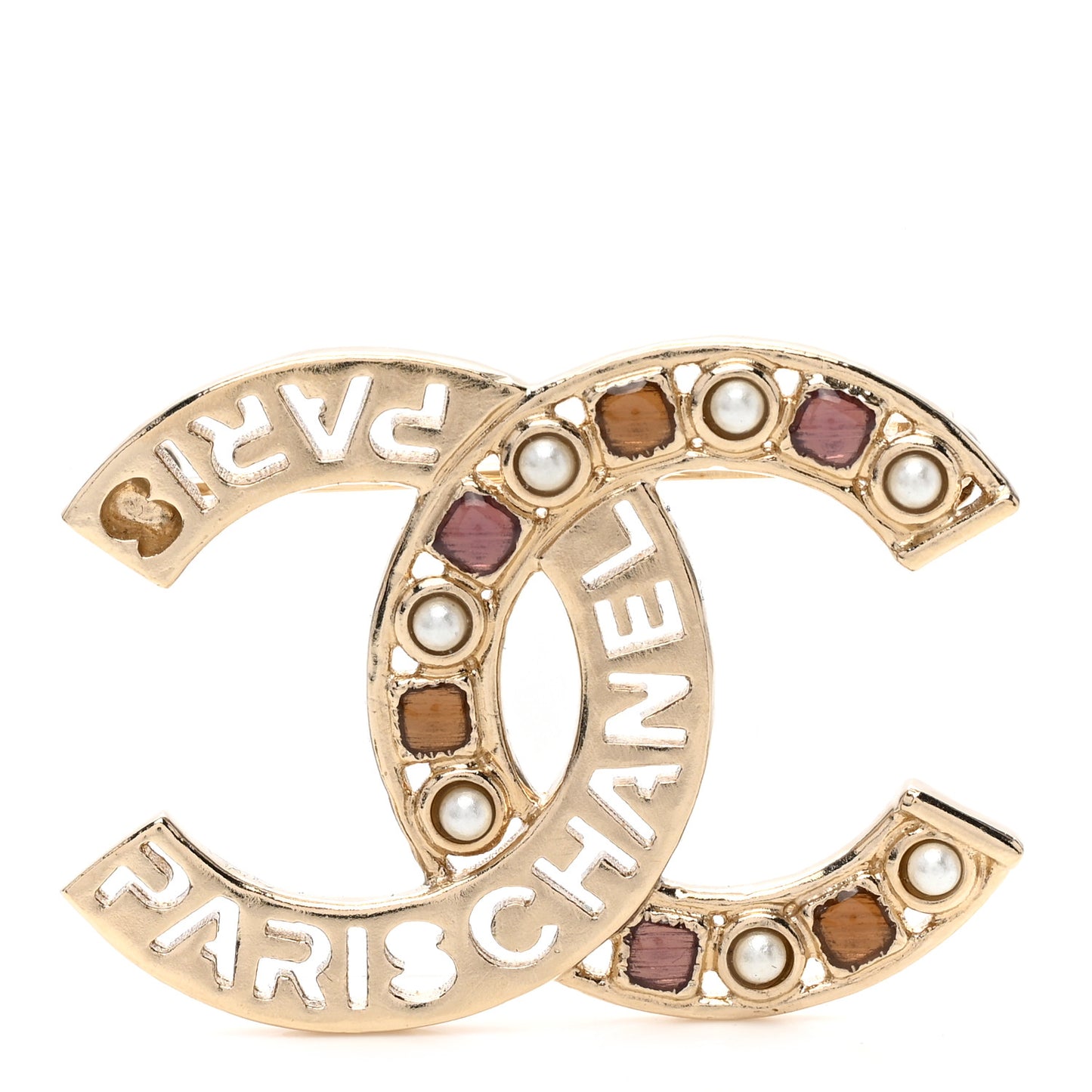 Crystal Pearl Glass CC Logo Brooch Gold Pink Orange