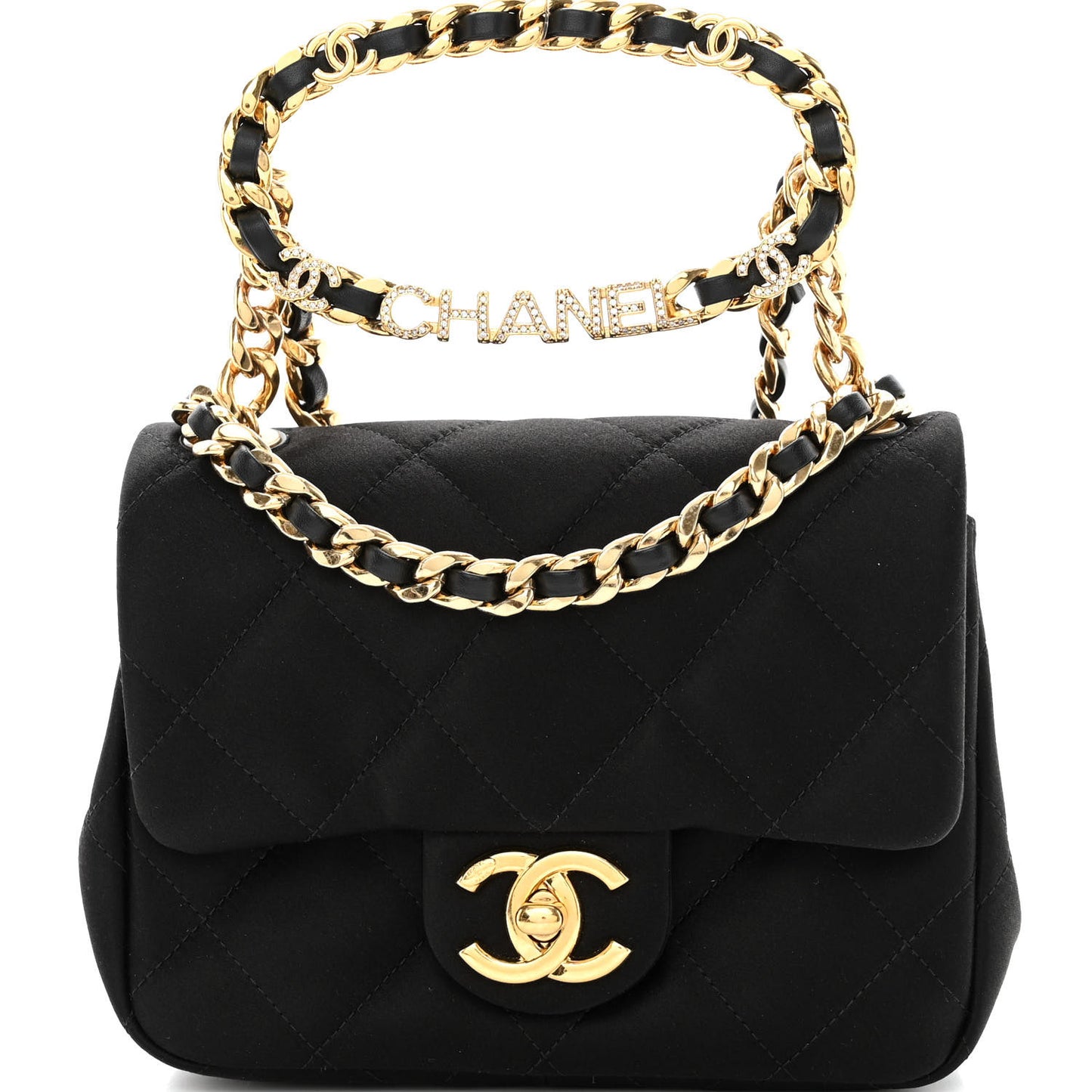 Satin Quilted Mini Logo Flap With Handle Black