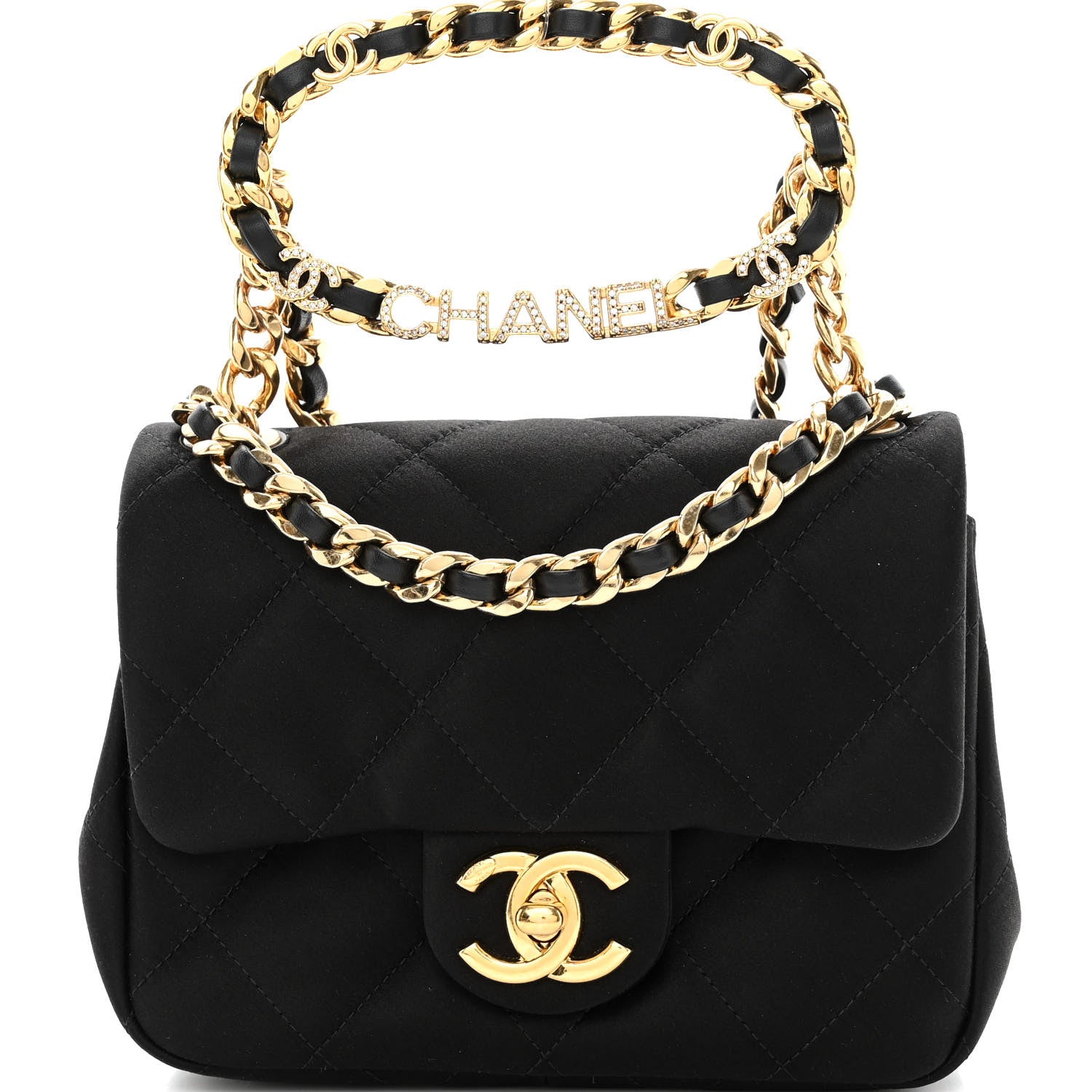 Chanel Satin Quilted Mini Logo Flap With Handle Black 8 of 10