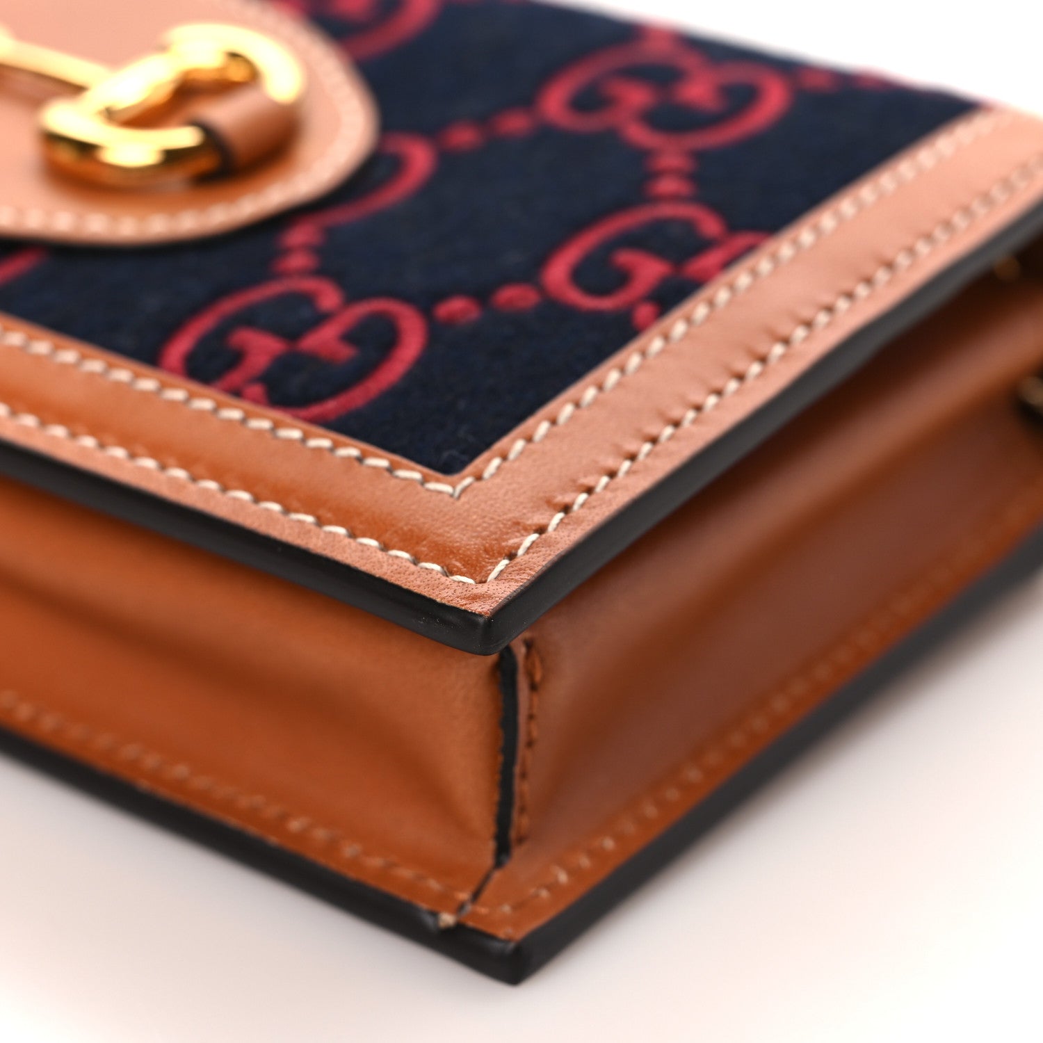 Gucci Covered Wool Cuoio Harness GG Monogram Horsebit 1955 Wallet On Chain Blue Red Harness Brown 8 of 9