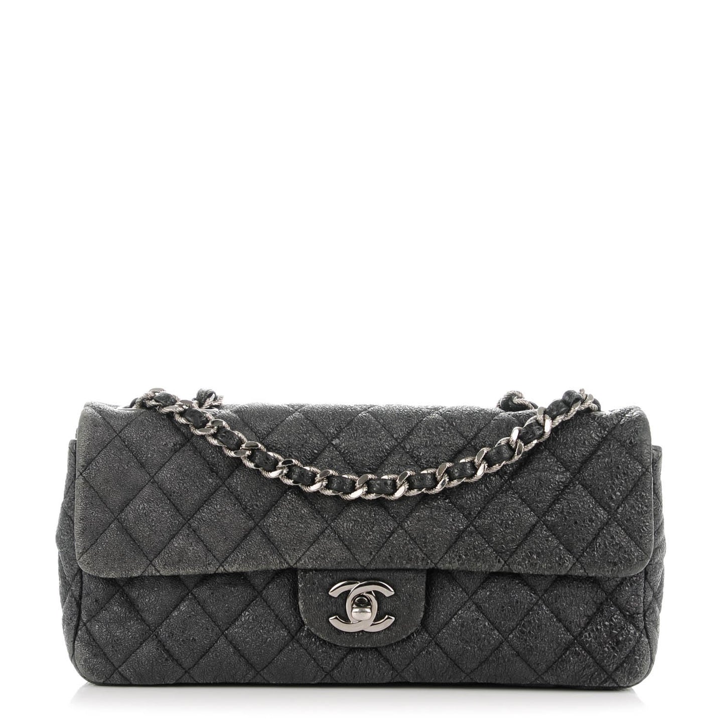 Crackled Calfskin Quilted East West Flap Black