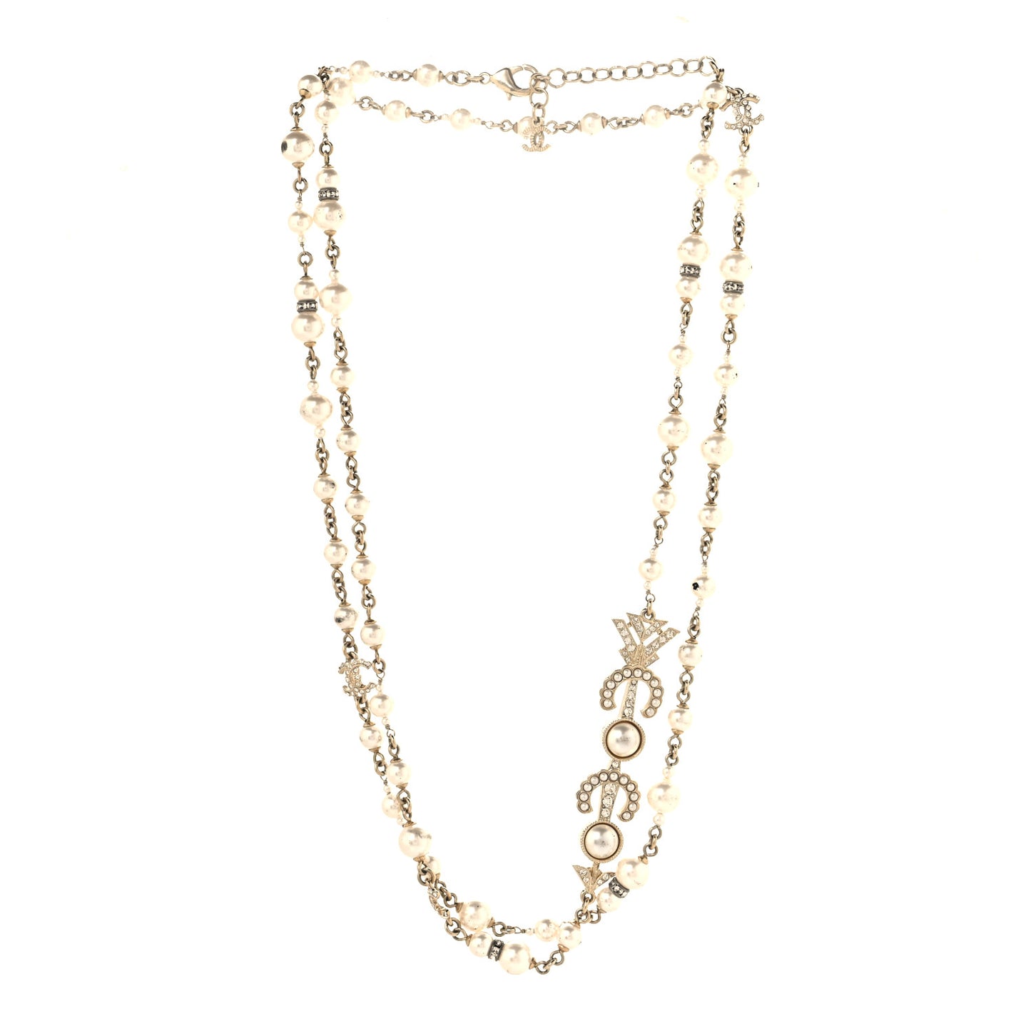 Pearl Crystal CC Coco Necklace Gold
