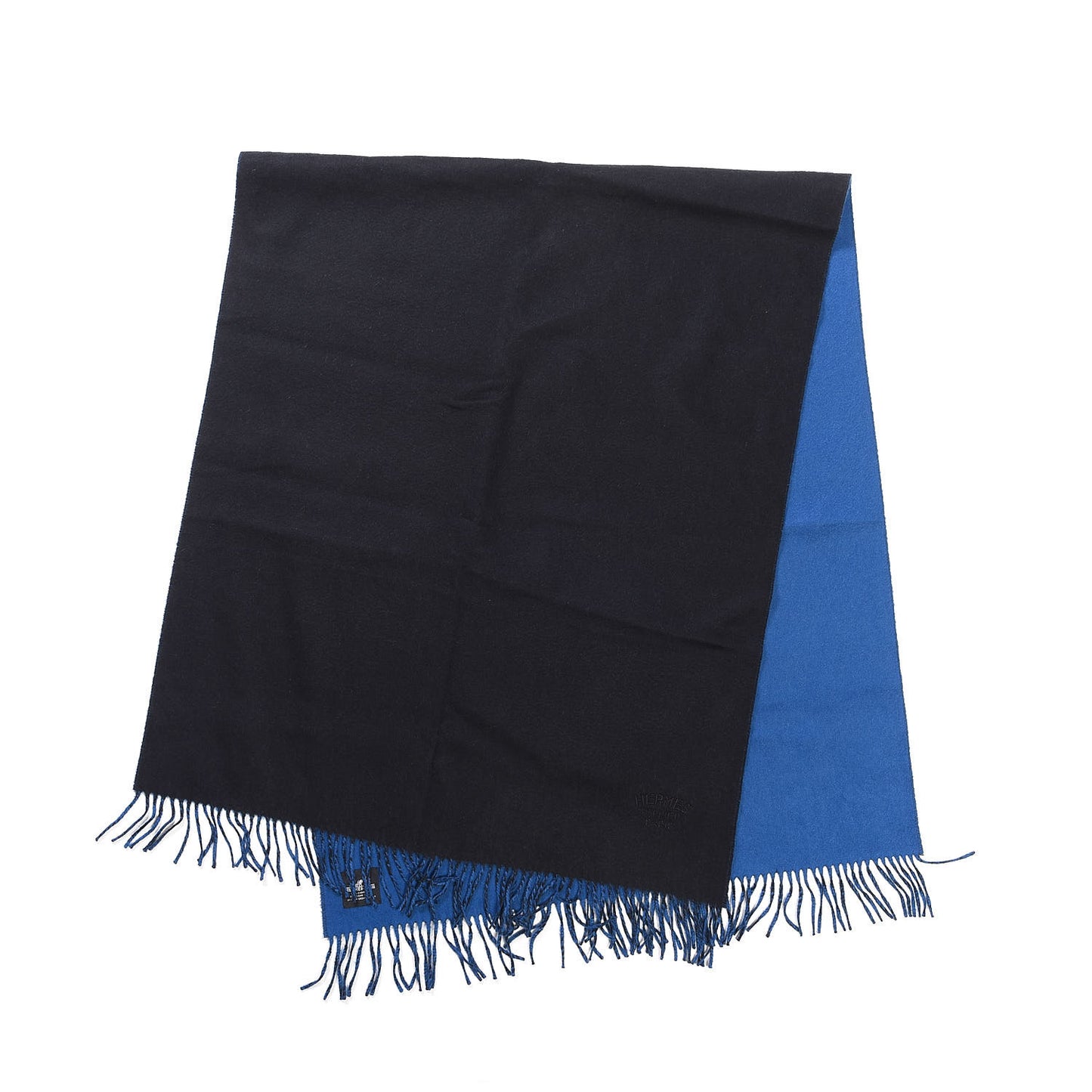 Cashmere Fringe Double Face Stole Black Bleu Saphir