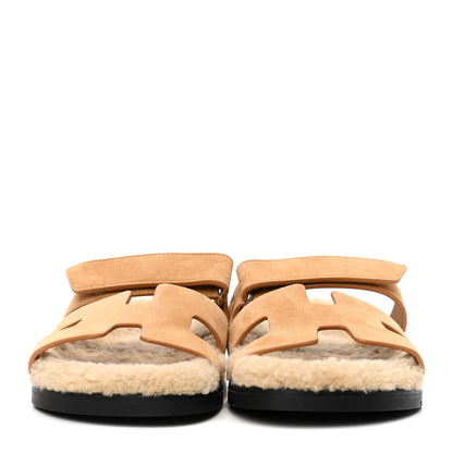 Hermes Suede Goatskin Woolskin Womens Chypre Sandals 38 Golden Beige 2 of 4
