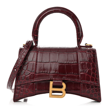 Balenciaga Shiny Calfskin Crocodile Embossed Hourglass Top Handle Bag XS Dark Red 1 of 10