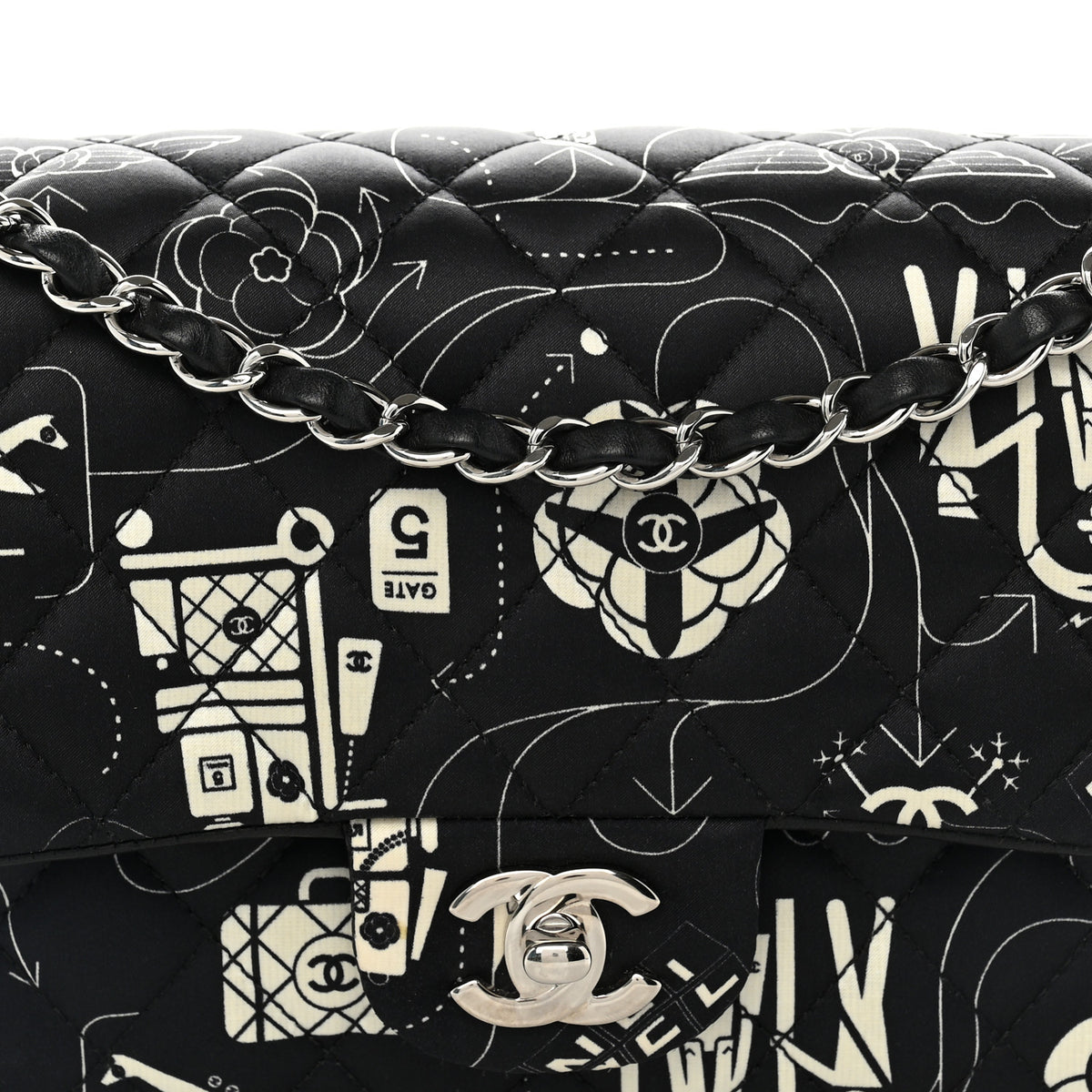 Satin Airline Printed Medium Double Flap Black White