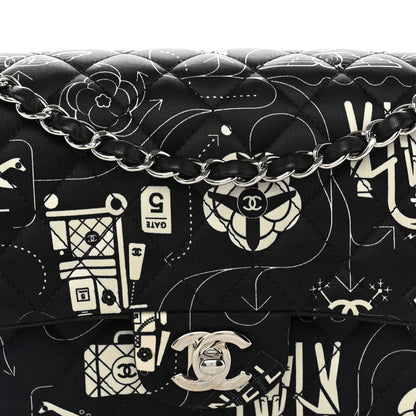 Chanel Satin Airline Printed Medium Double Flap Black White 14 of 19