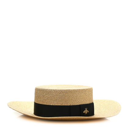 Gucci Glittered Straw Grosgrain Wide Brim Hat XL Gold Black 1 of 10