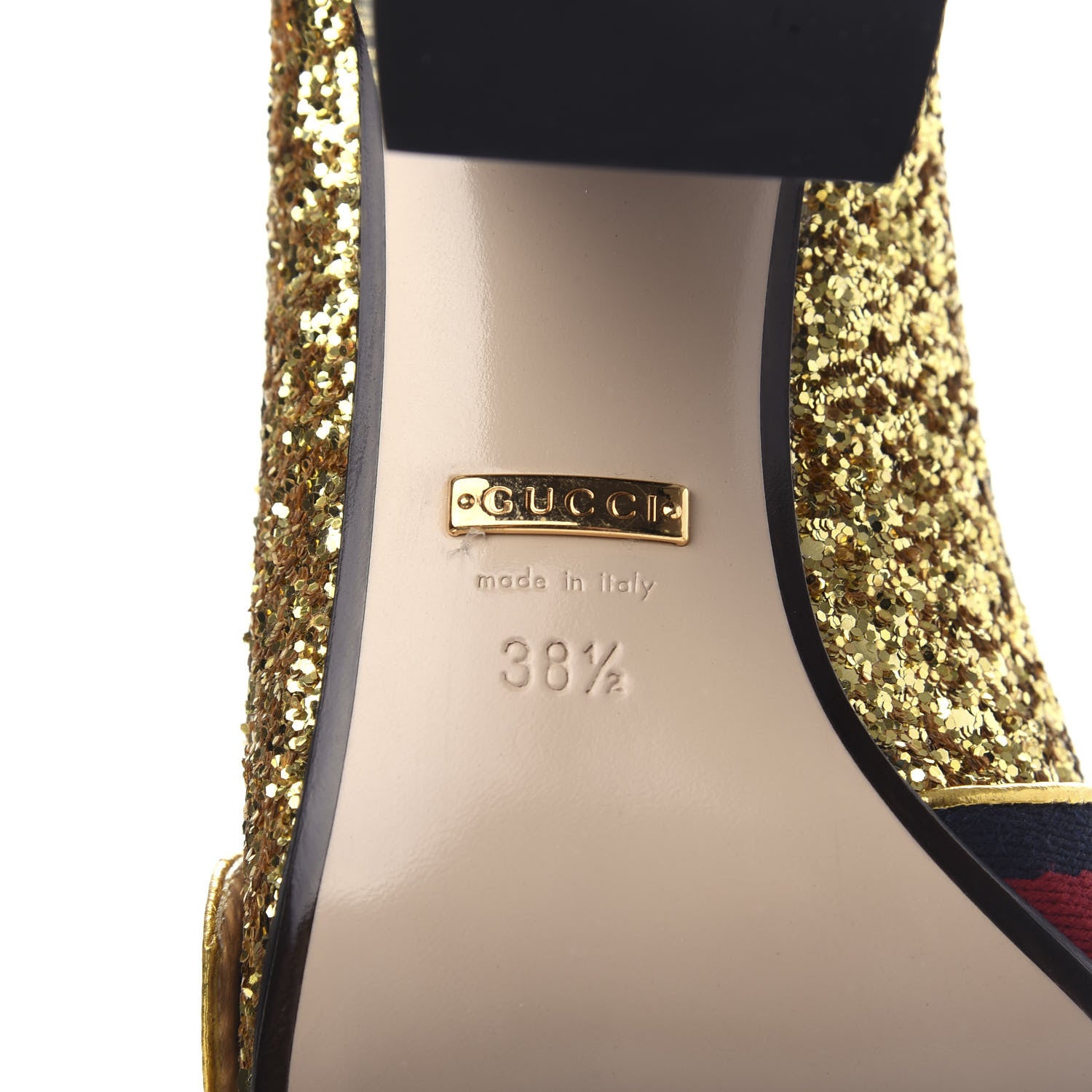 Gucci Glitter Nappa Web Peyton 75mm Loafer Pumps 38.5 Oro Vecchio 9 of 12