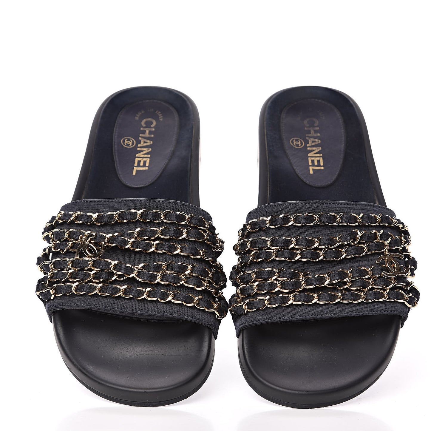 Satin Canvas Chain Flat Sandals 39 Marine