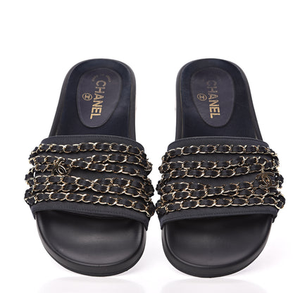 Chanel Satin Canvas Chain Flat Sandals 39 Marine 3 of 10