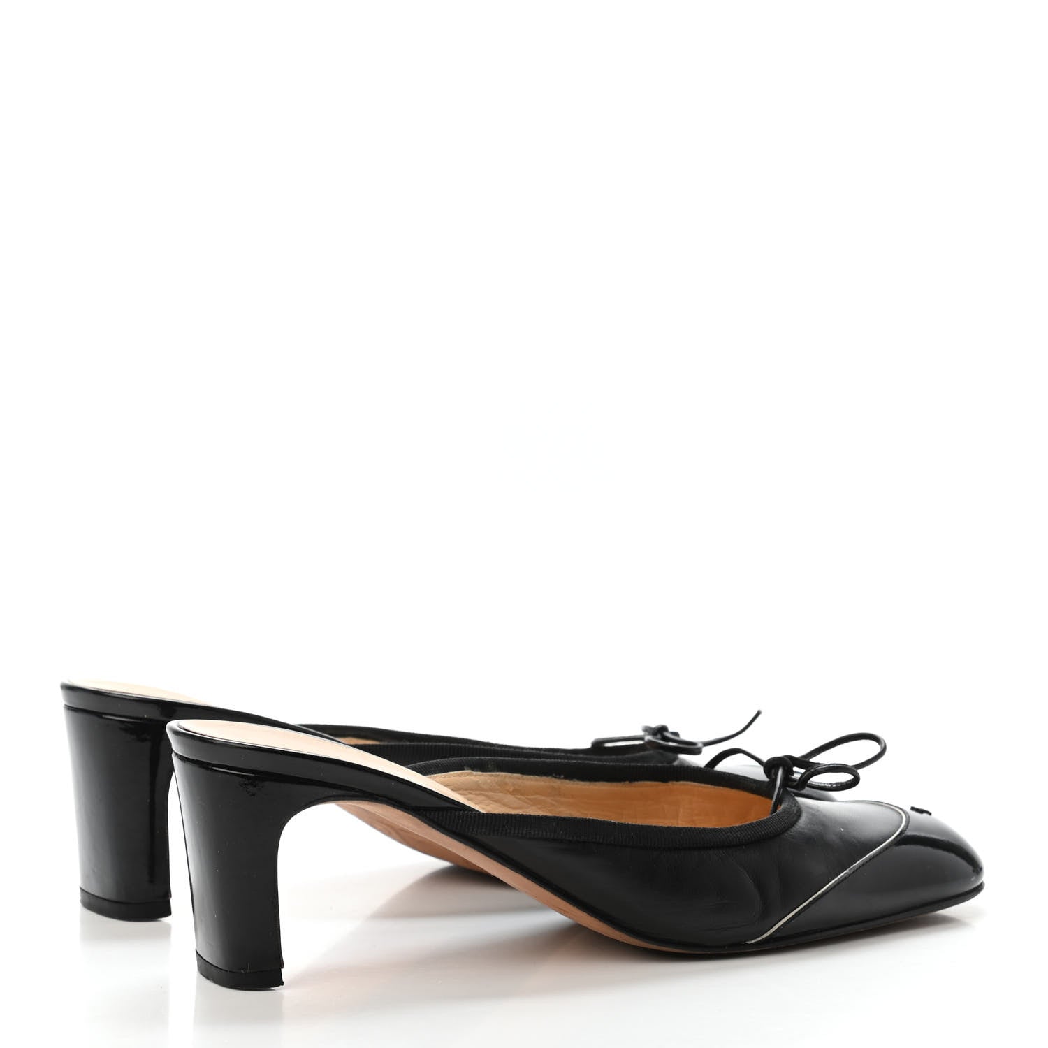Chanel Lambskin Patent Cap Toe Bow CC Mules 37.5 Black 3 of 4
