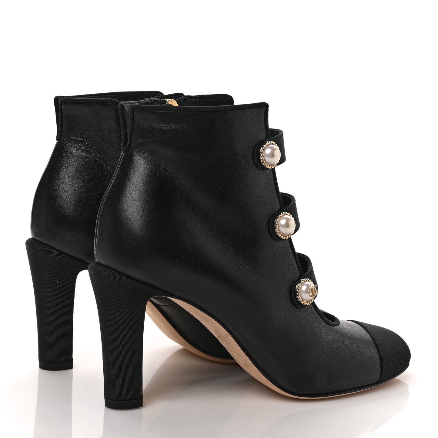Lambskin Grosgrain Cap Toe Pearl Ankle Boots 35 Black