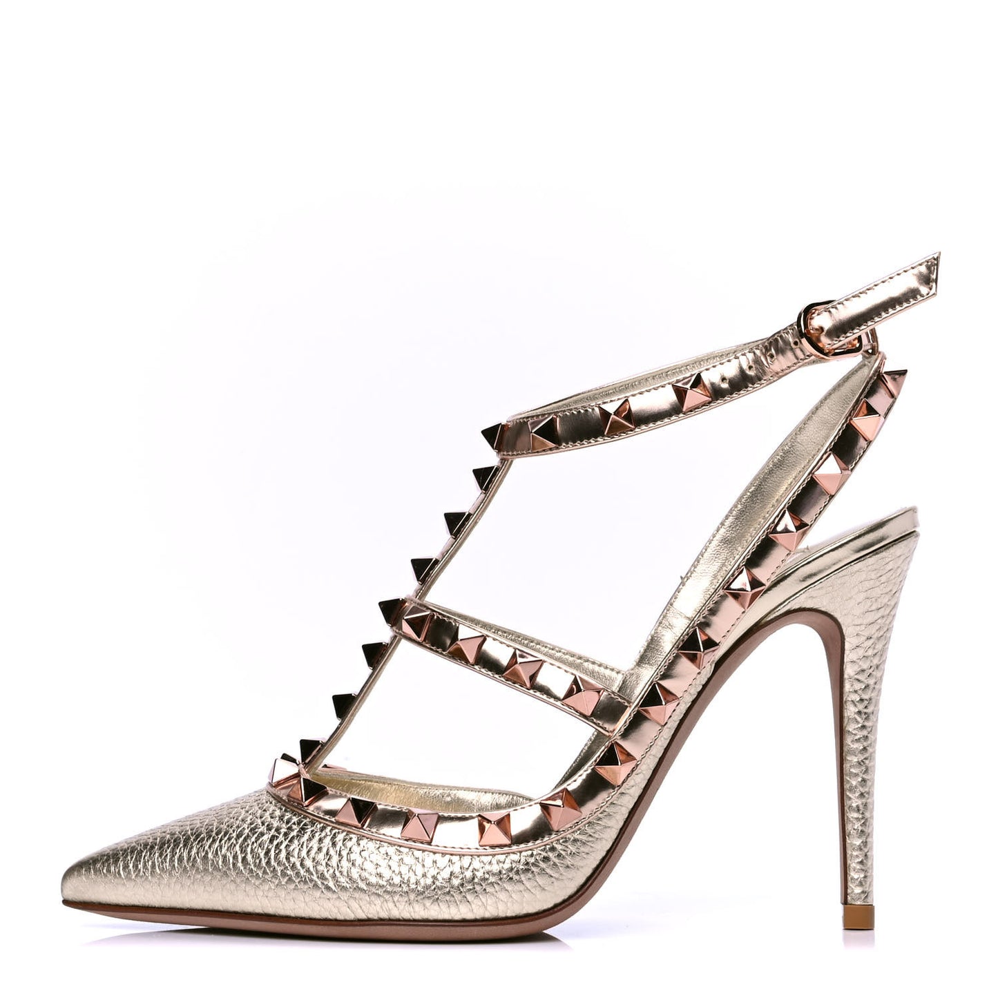 Metallic Pebbled Calfskin Rockstud Ankle Strap 100mm Pumps 36 Rame Sahara