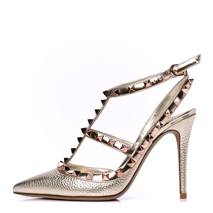 Valentino Garavani Metallic Pebbled Calfskin Rockstud Ankle Strap 100mm Pumps 36 Rame Sahara 1 of 5