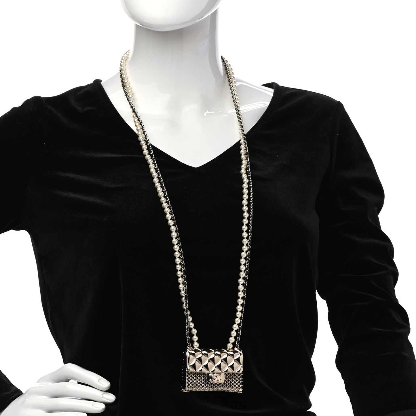 Metal Lambskin Pearl Chain Flap Bag Long Necklace Gold Black Pearly White