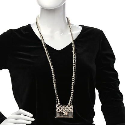 Chanel Metal Lambskin Pearl Chain Flap Bag Long Necklace Gold Black Pearly White 2 of 4
