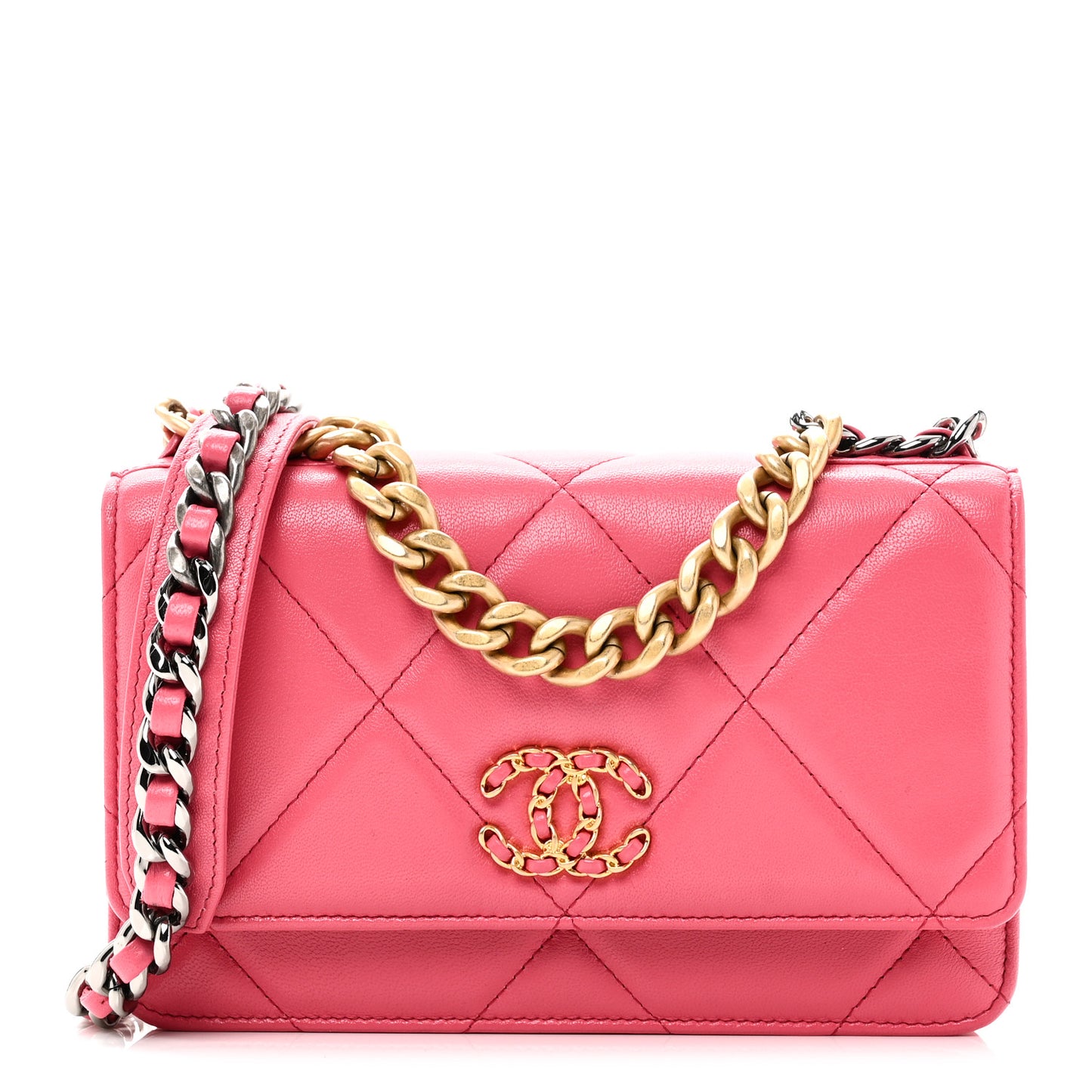 Shiny Goatskin Quilted Chanel 19 Wallet On Chain WOC Dark Pink