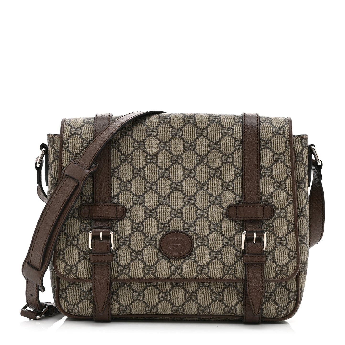 GG Supreme Monogram Textured Dollar Calfskin Retro Interlocking G Flap Messenger Bag Beige Ebony New Acero