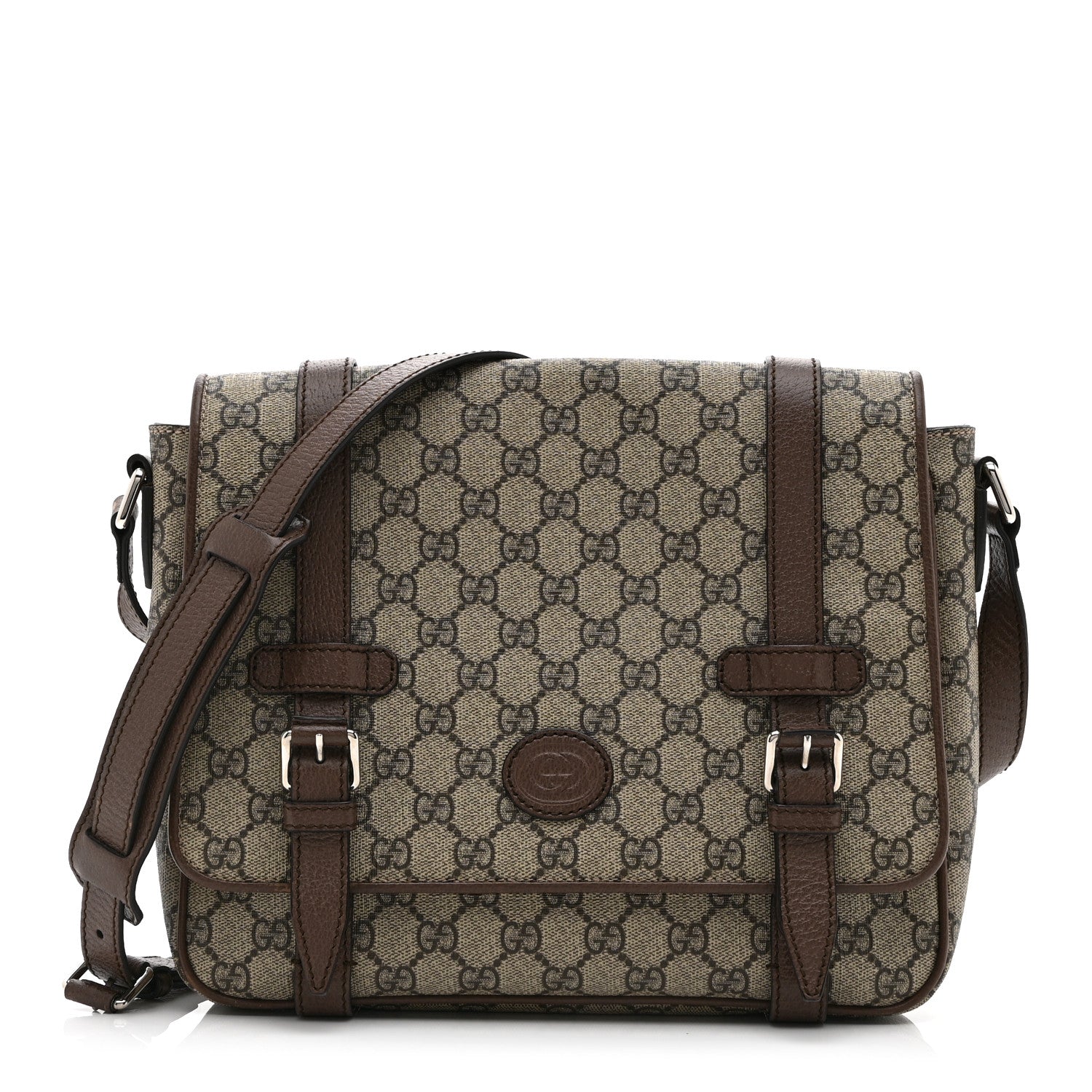 Gucci GG Supreme Monogram Textured Dollar Calfskin Retro Interlocking G Flap Messenger Bag Beige Ebony New Acero 1 of 11