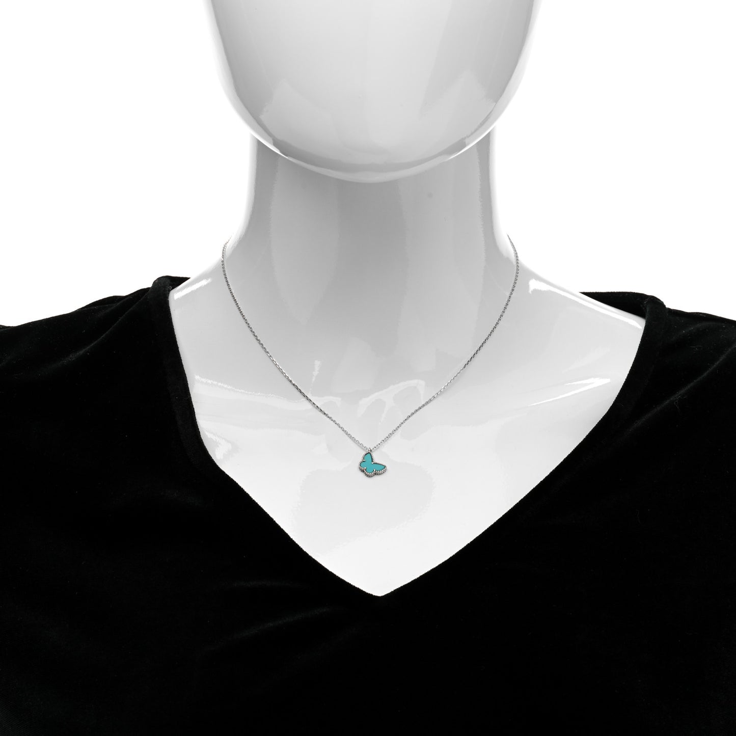 18K White Gold Turquoise Sweet Alhambra Butterfly Pendant Necklace