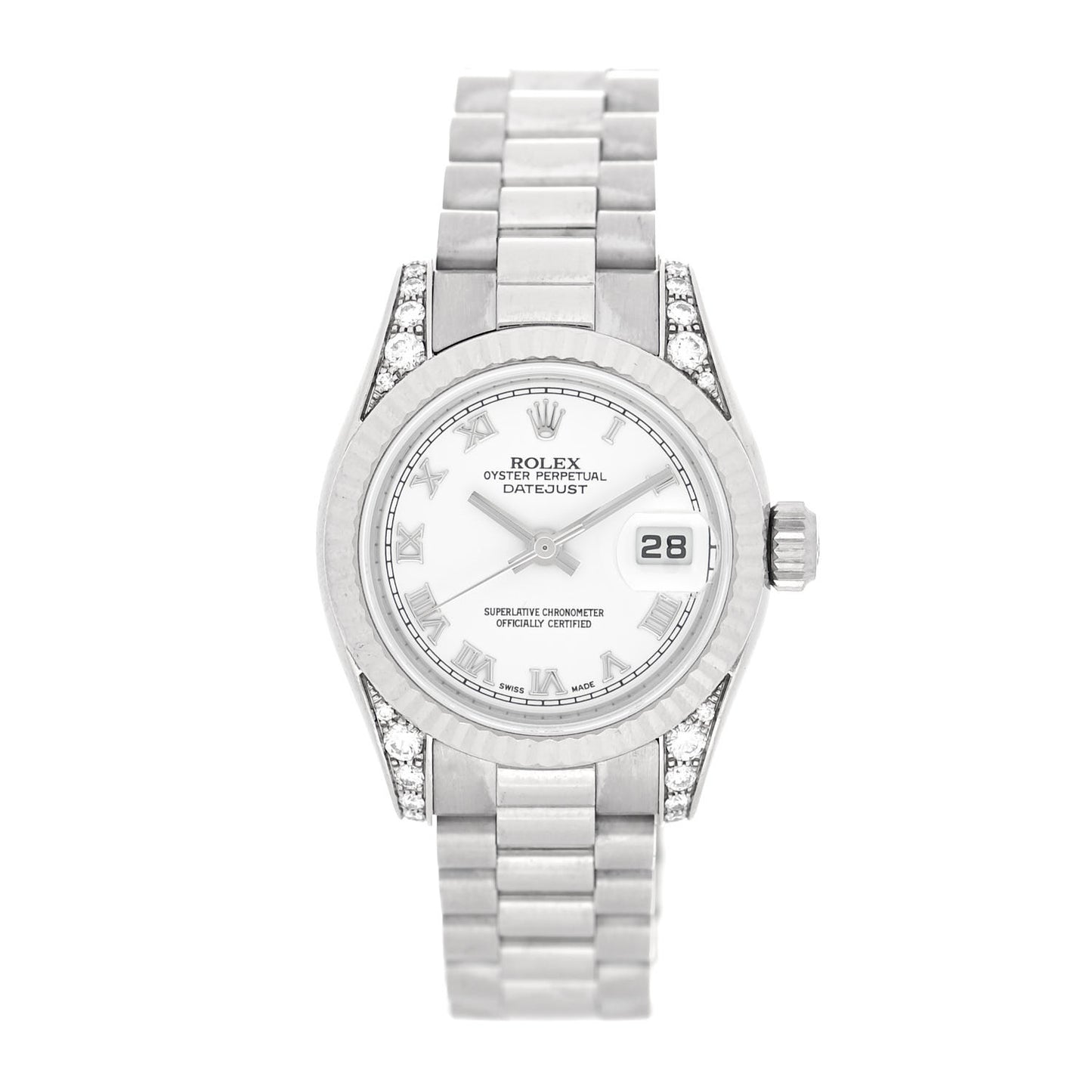 18K White Gold Diamond 26mm Oyster Perpetual Lady Datejust President Watch White Roman 179239