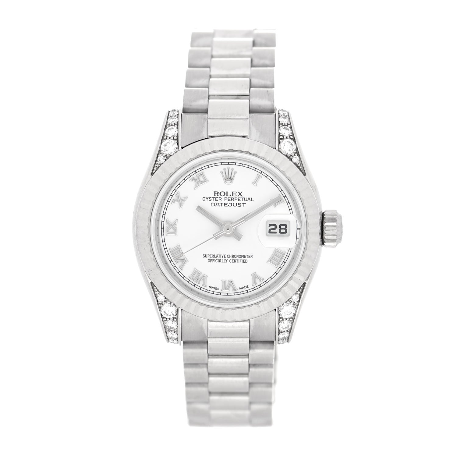 Rolex 18K White Gold Diamond 26mm Oyster Perpetual Lady Datejust President Watch White Roman 179239 1 of 5
