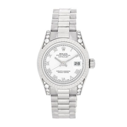 Rolex 18K White Gold Diamond 26mm Oyster Perpetual Lady Datejust President Watch White Roman 179239 1 of 5