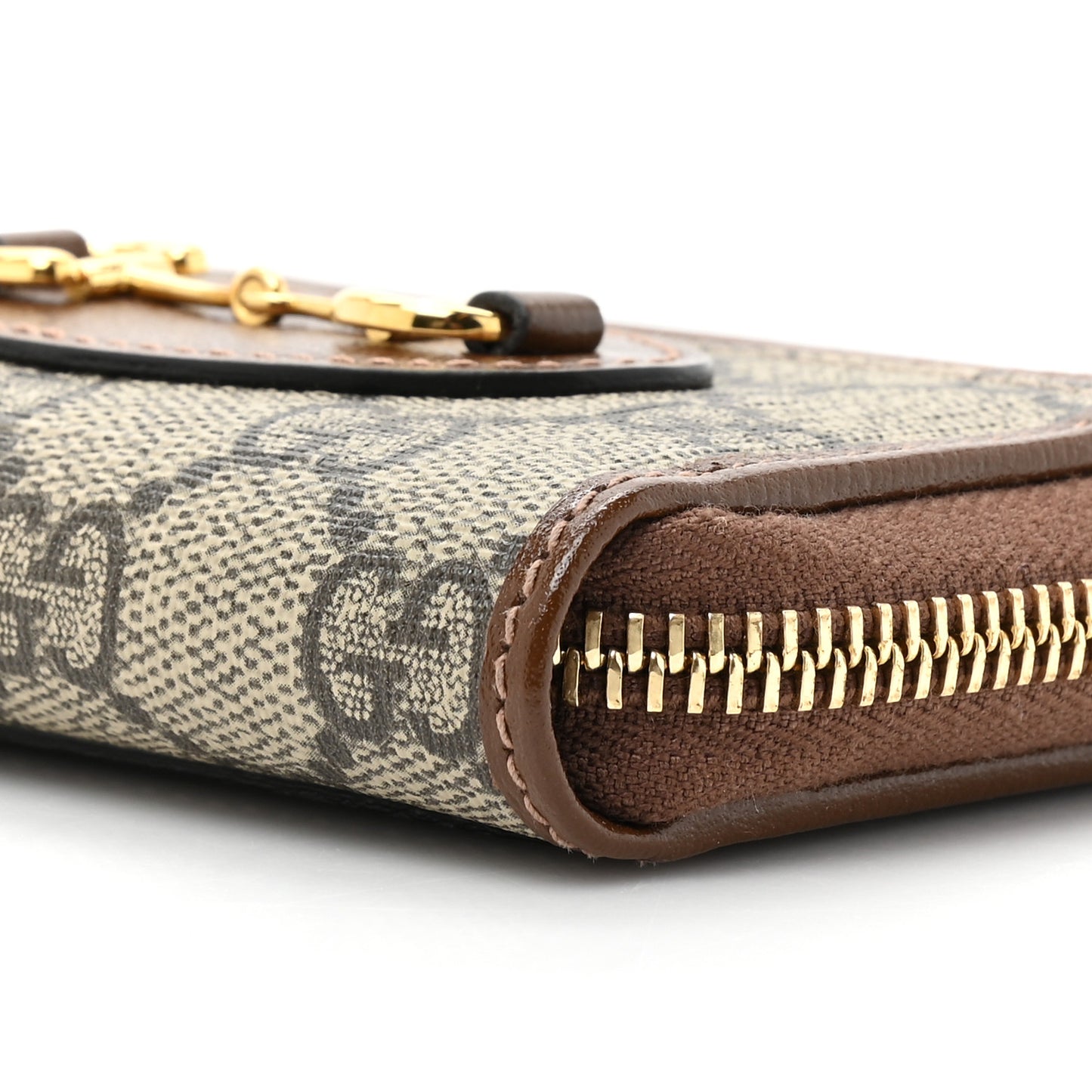 GG Supreme Monogram Azalea Calfskin Horsebit 1955 Zip Around ID Card Case Wallet Beige Ebony Brown Sugar