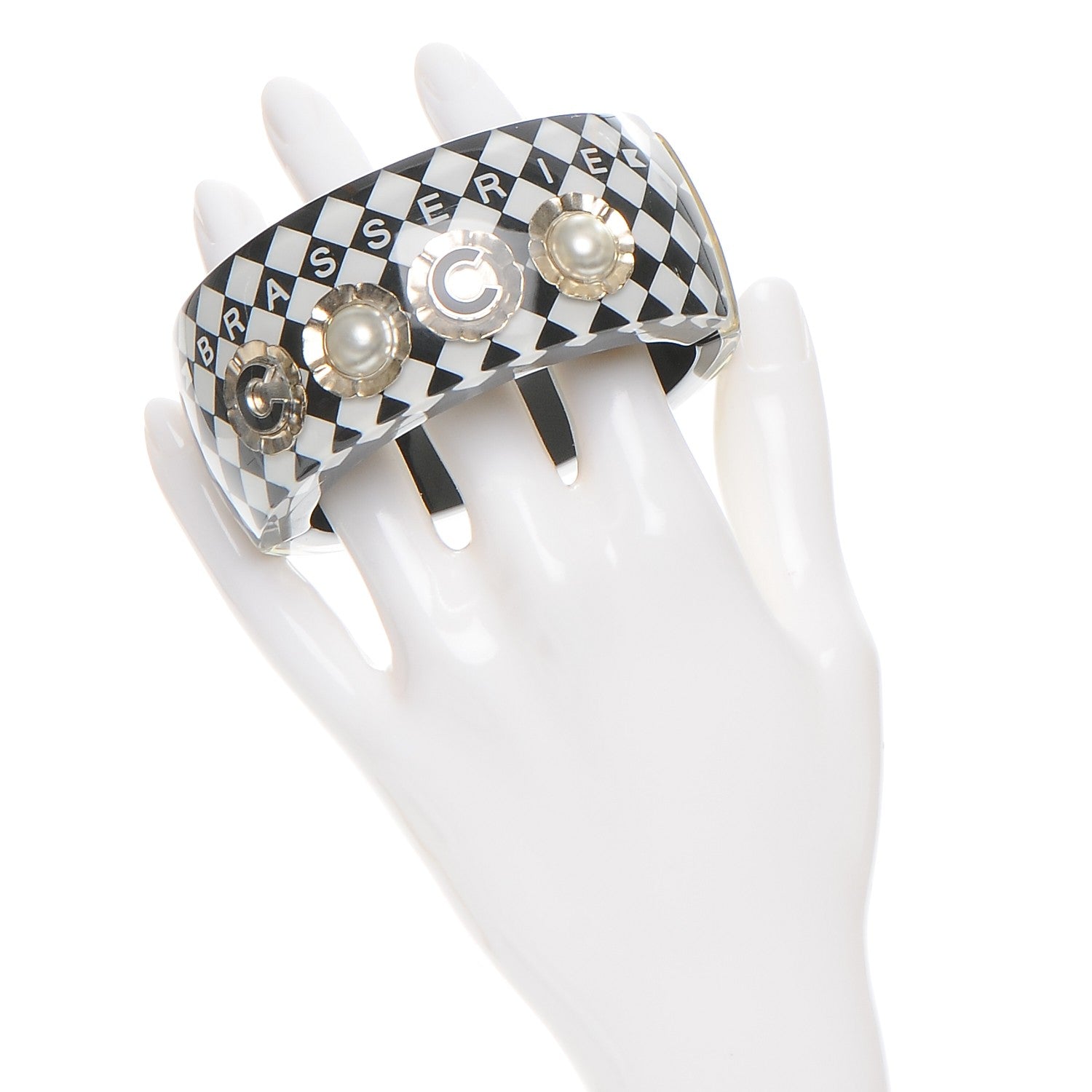 Chanel Resin Pearl Checkered CC Cuff Bangle Black 4 of 4