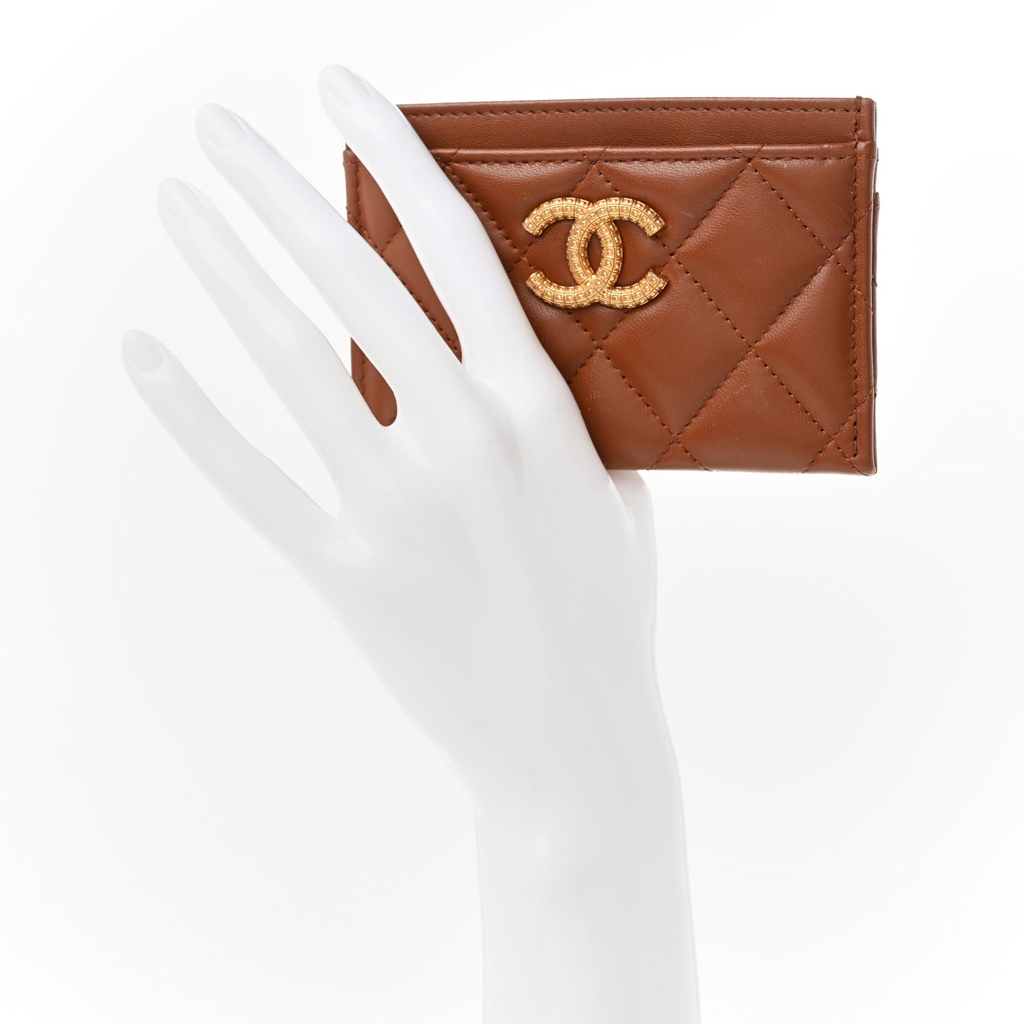 Lambskin Quilted Studded CC Card Holder Camel