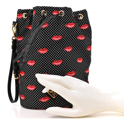Prada Tessuto Nylon Saffiano Lips Print Bucket Wristlet Black 2 of 9