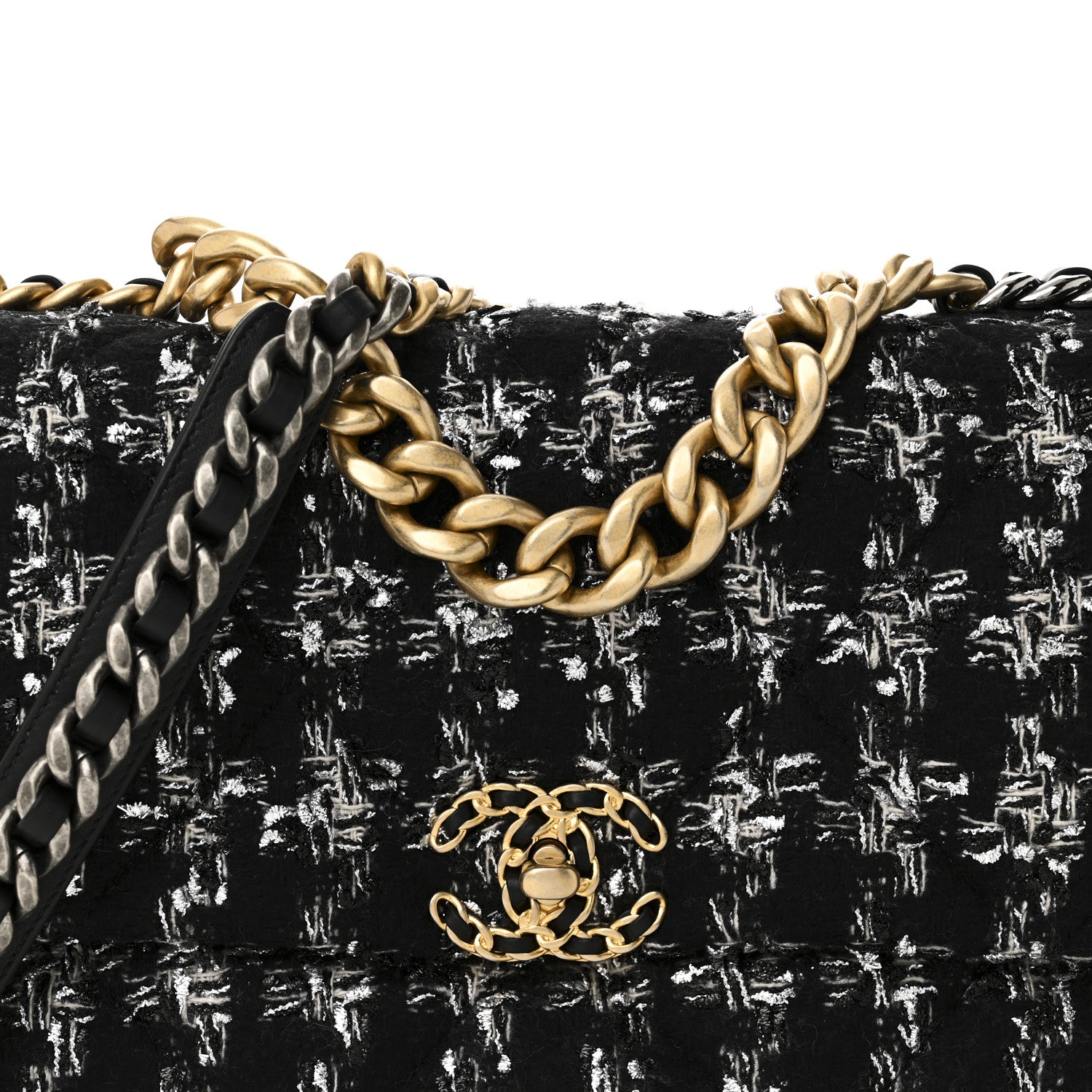 Chanel Tweed Quilted Large Chanel 19 Flap Black Silver Ecru 8 of 11
