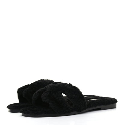 Hermes Woolskin Oran Sandals 37.5 Black 3 of 10
