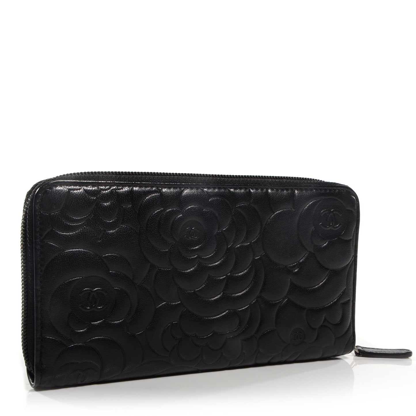 Lambskin Camellia Embossed Large Zip Around Gusset Wallet Black