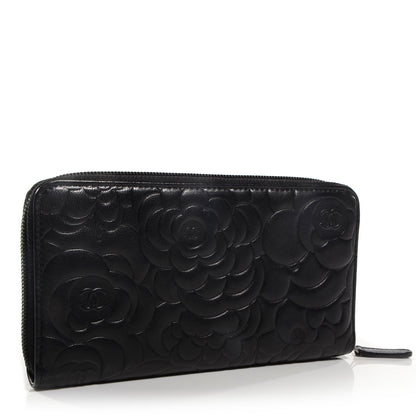 Chanel Lambskin Camellia Embossed Large Zip Around Gusset Wallet Black 3 of 9