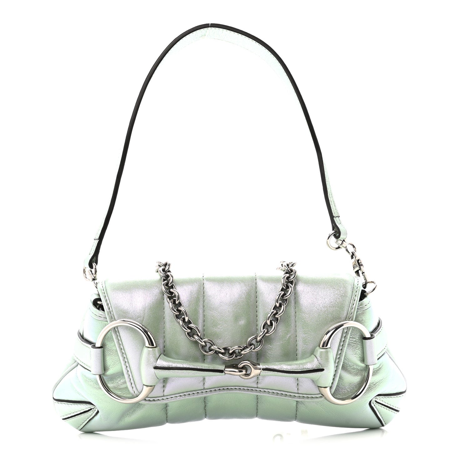 Iridescent Nappa Vertical Matelasse Small Maxi Horsebit Chain Shoulder Bag Iridescent Salvy Green
