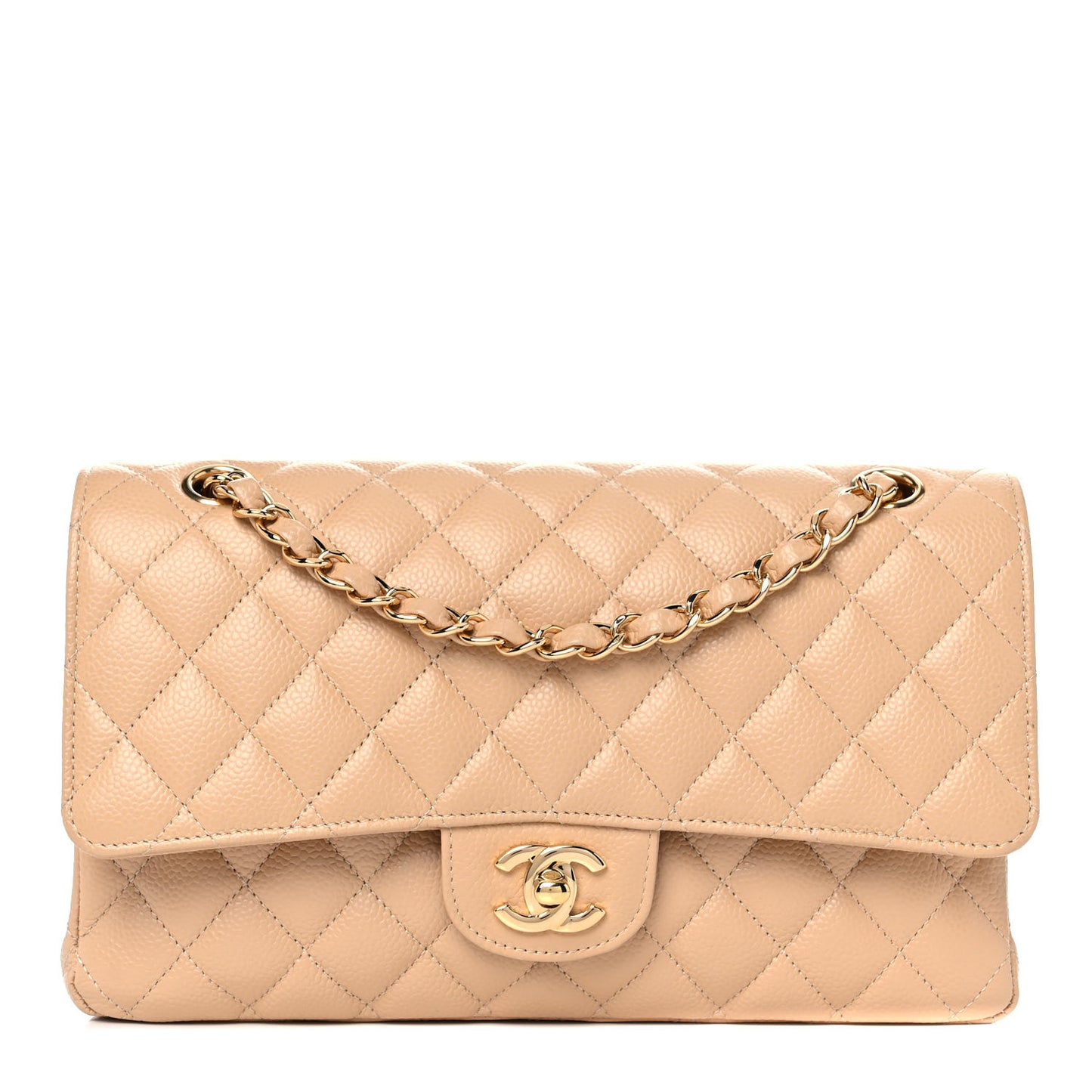 Caviar Quilted Medium Double Flap Beige