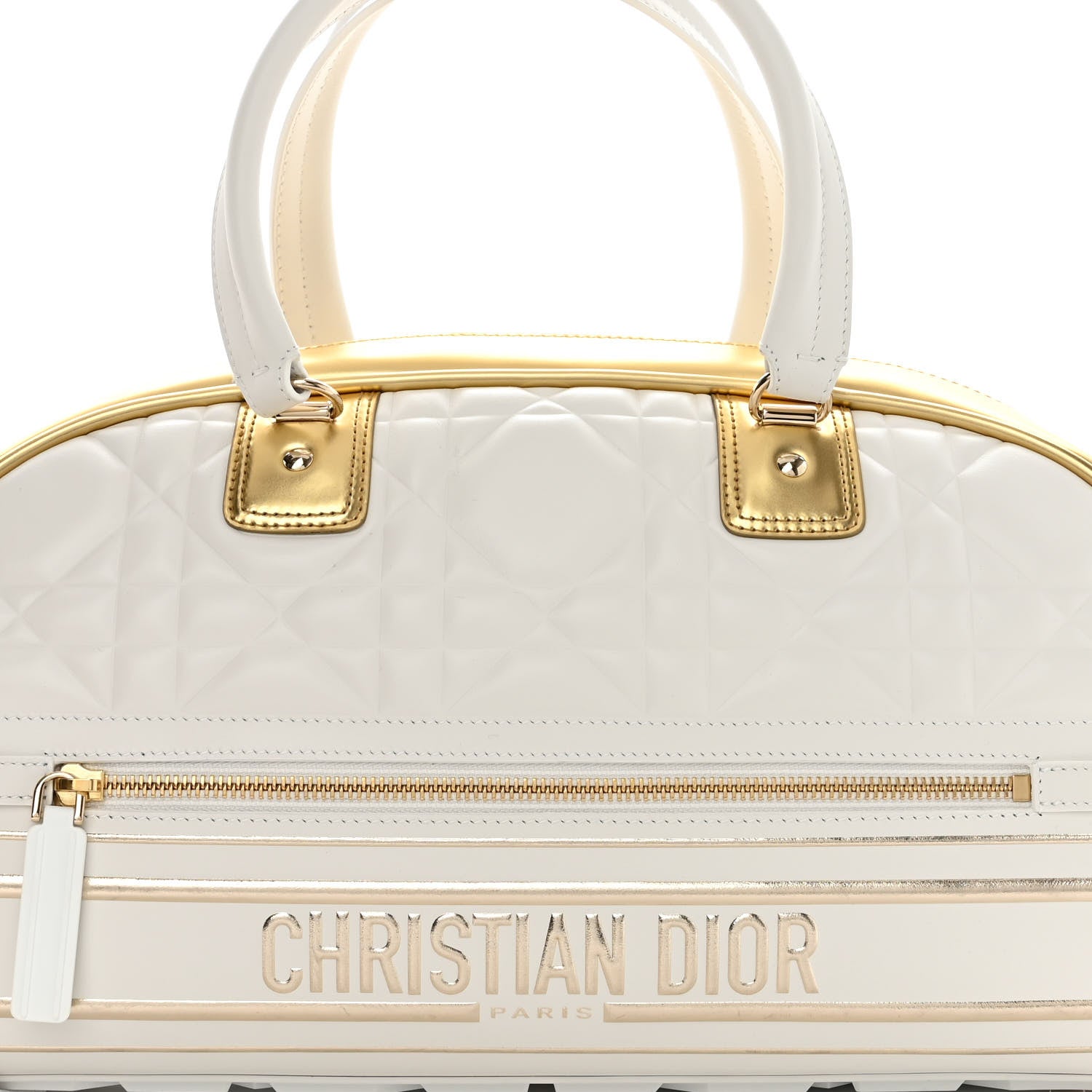 Christian Dior Calfskin Padded Macrocannage Medium Dior Vibe Zip Bowling Bag White Gold 8 of 13