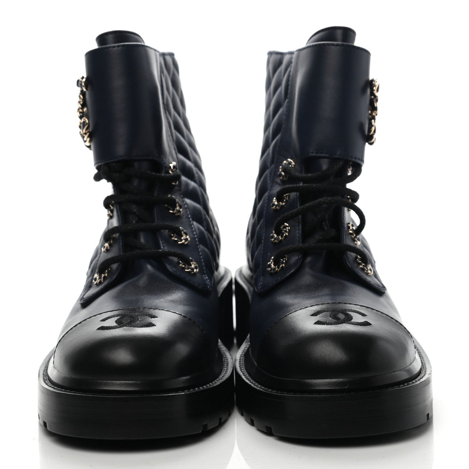 Chanel Lambskin Calfskin Quilted Lace Up Combat Boots 39 Navy Black 2 of 11