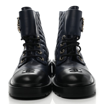 Chanel Lambskin Calfskin Quilted Lace Up Combat Boots 39 Navy Black 2 of 11