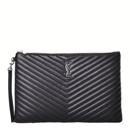 Saint Laurent Calfskin Matelasse Chevron Cassandre Monogram Document Holder Coal 1 of 10