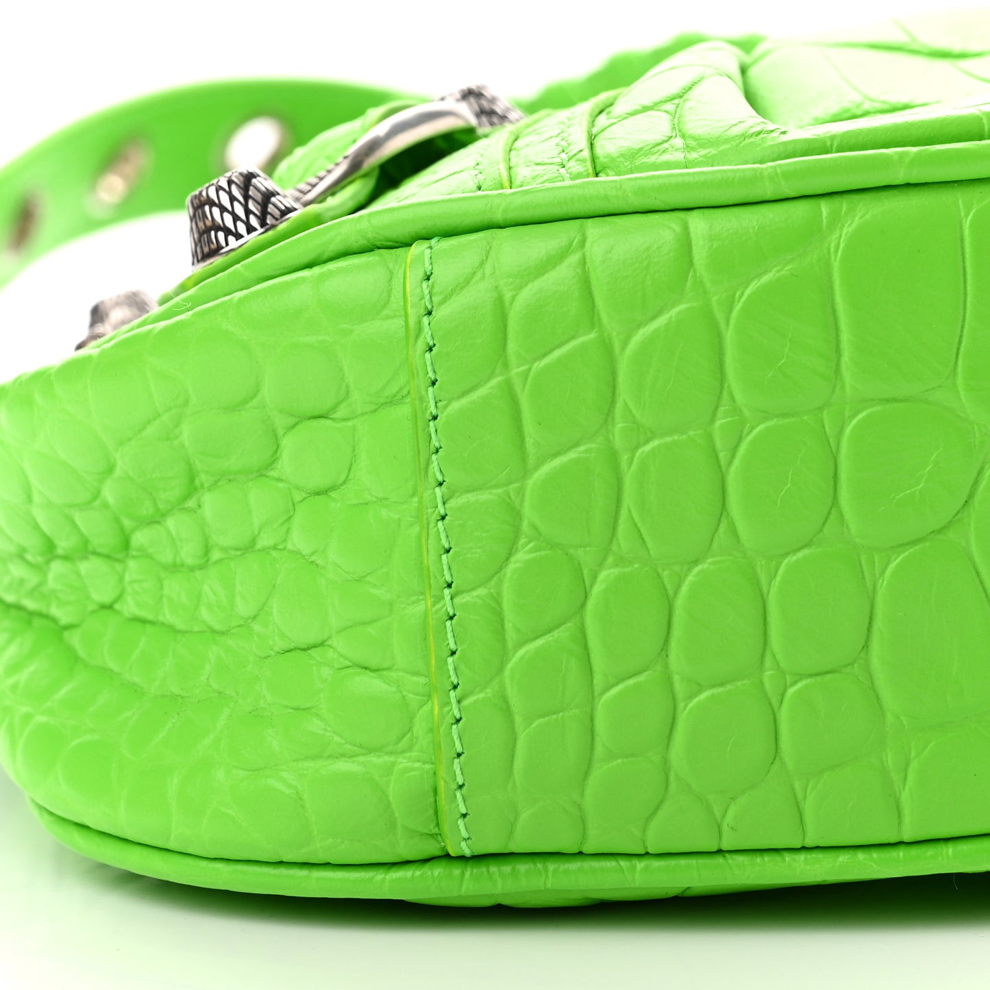 Extra Supple Calfskin Crocodile Embossed Le Cagole Shoulder Bag XS Acid Green