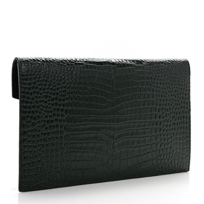 Saint Laurent Calfskin Crocodile Embossed Uptown Monogram Clutch  Dark Mint 3 of 7