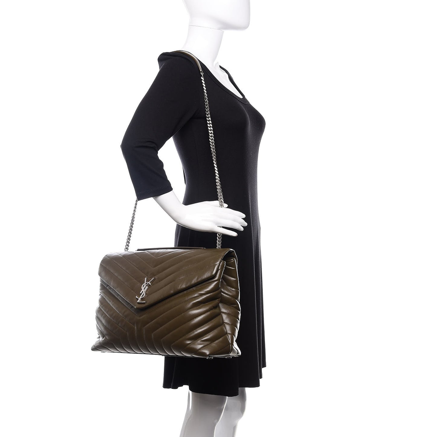 Calfskin Y Quilted Monogram Large Loulou Chain Satchel Kaki Fonce