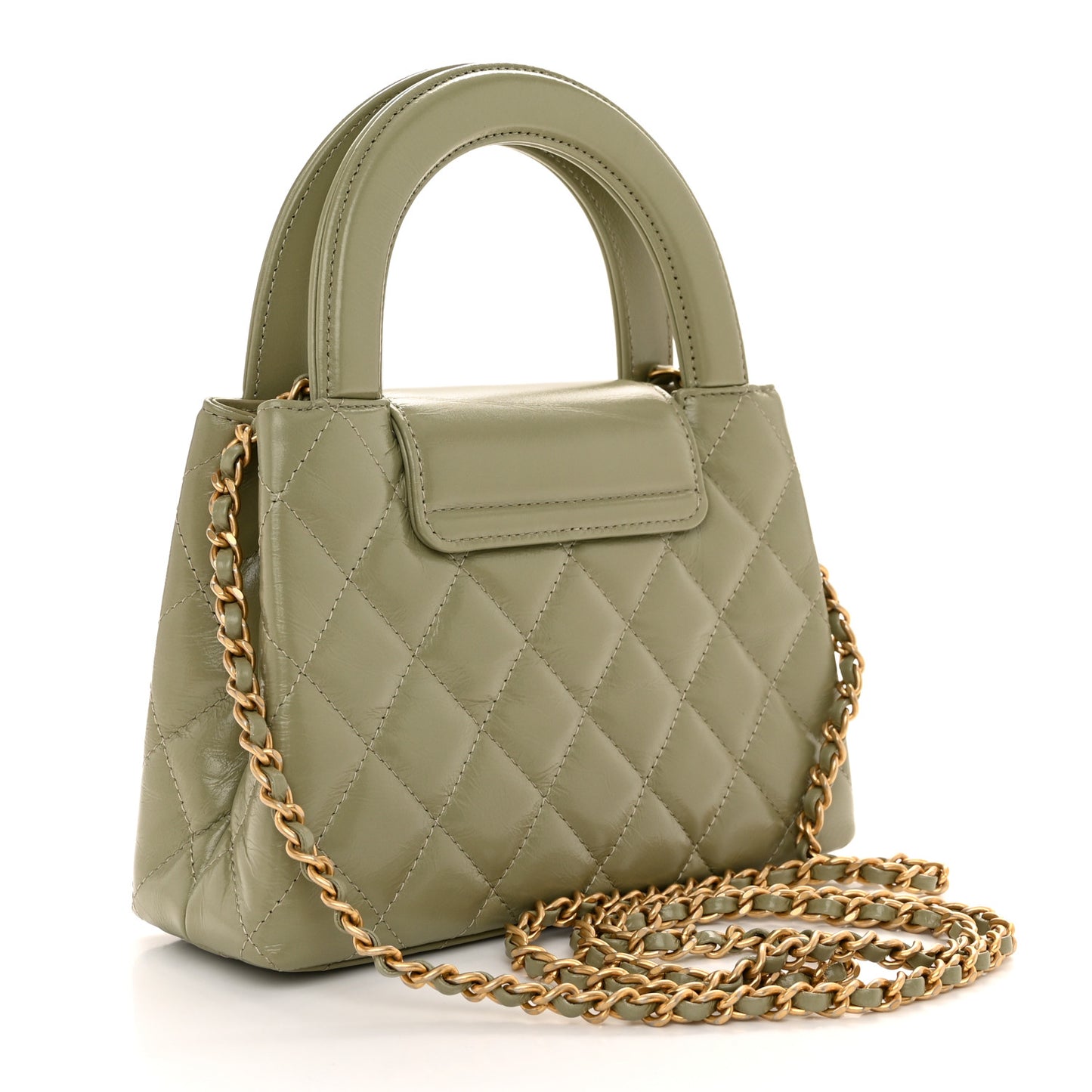 Shiny Aged Calfskin Quilted Nano Kelly Shopper Khaki